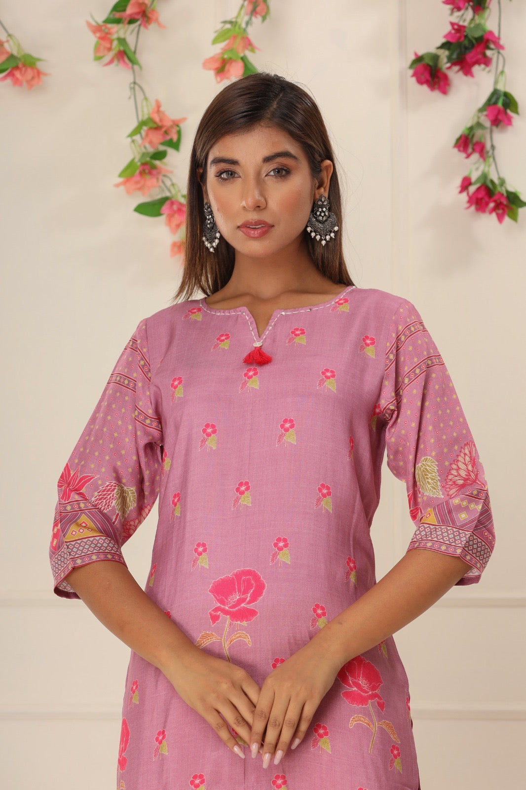 Onion Pink Crepe Floral Printed Kurti