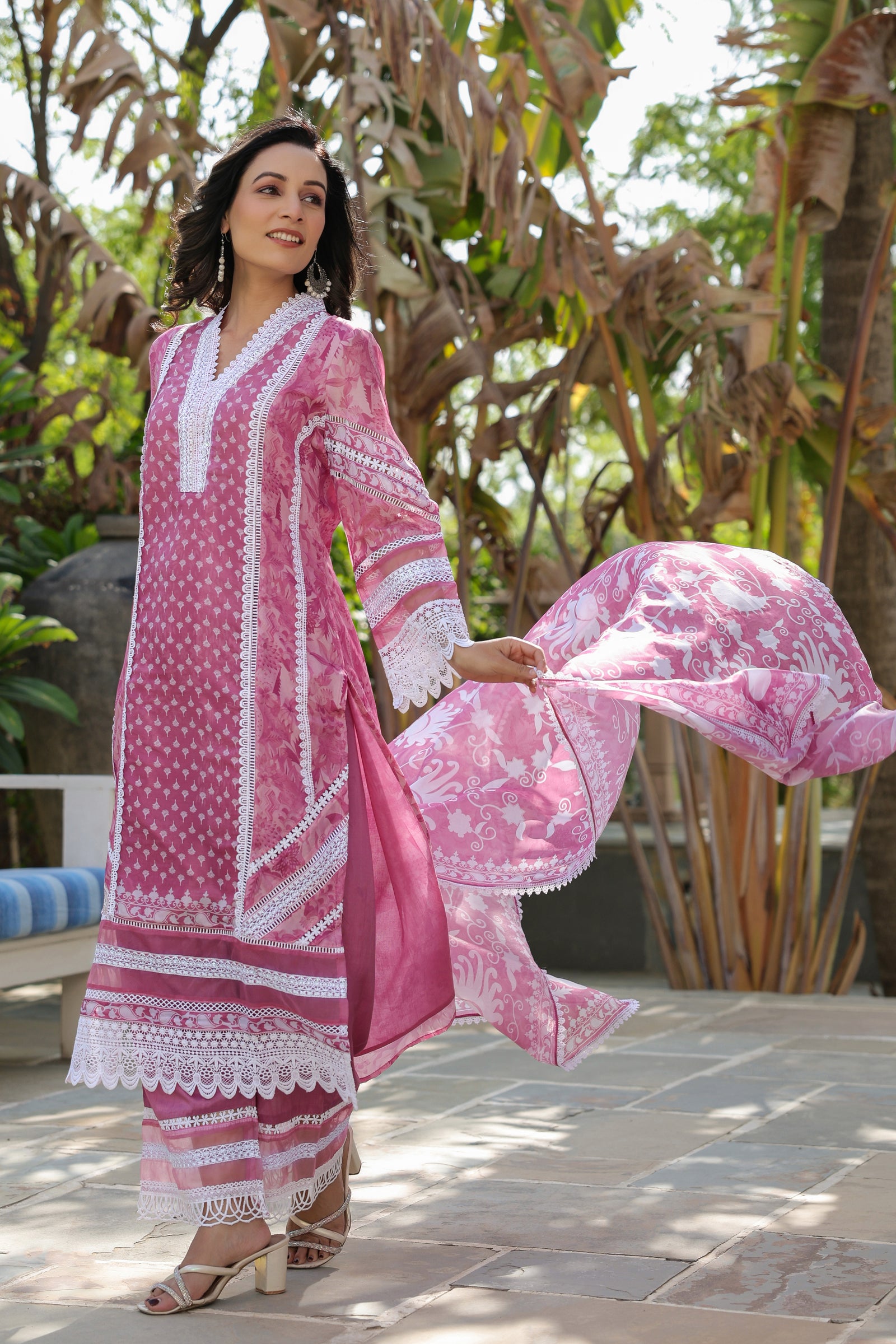 Pink Embroidered Organza Suit Set