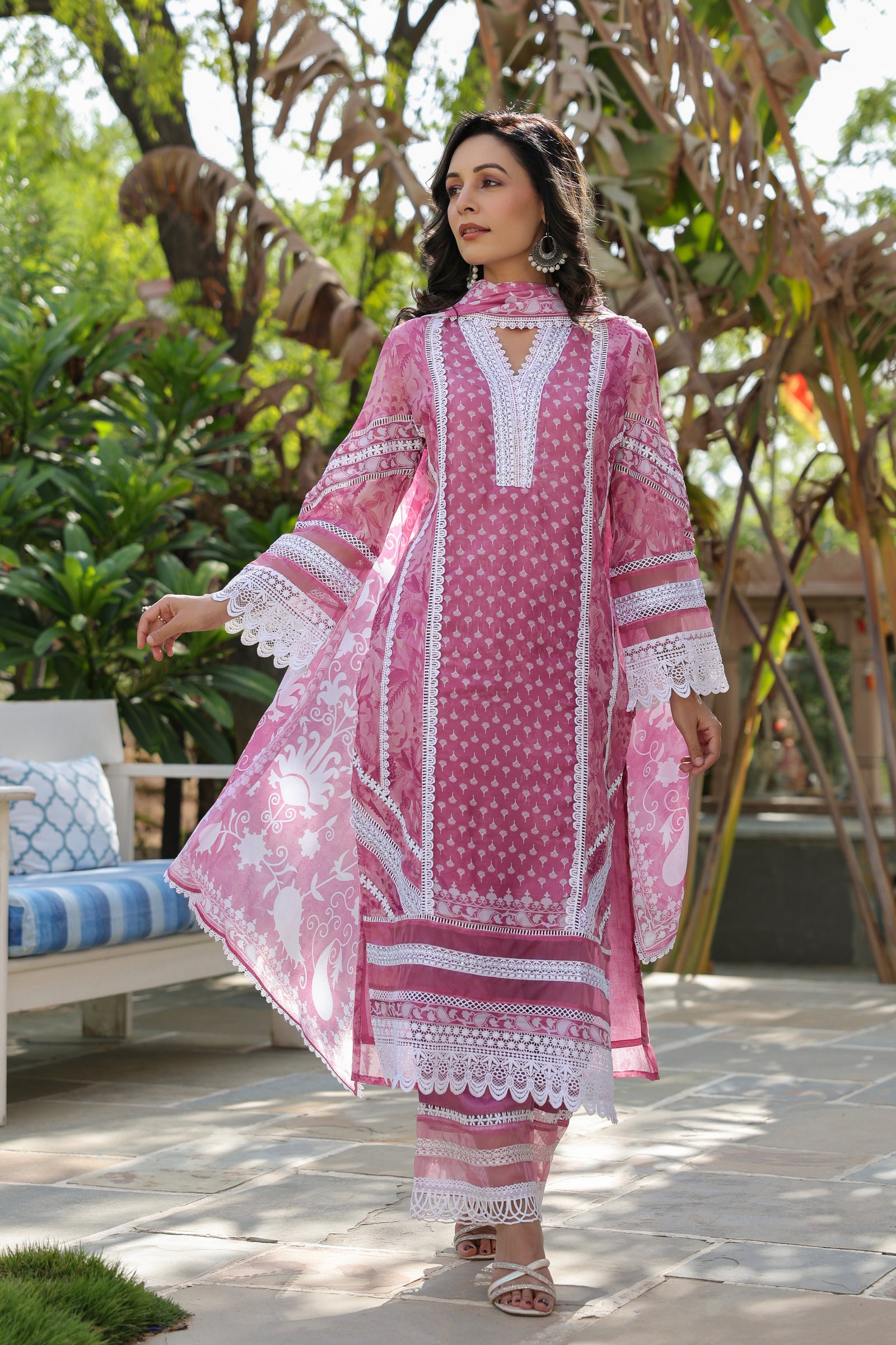 Pink Embroidered Organza Suit Set