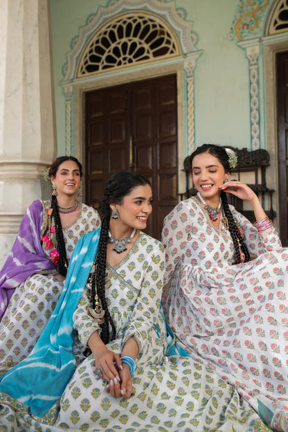 Pink Hand Block Printed Cotton Mulmul Gown with Dupatta