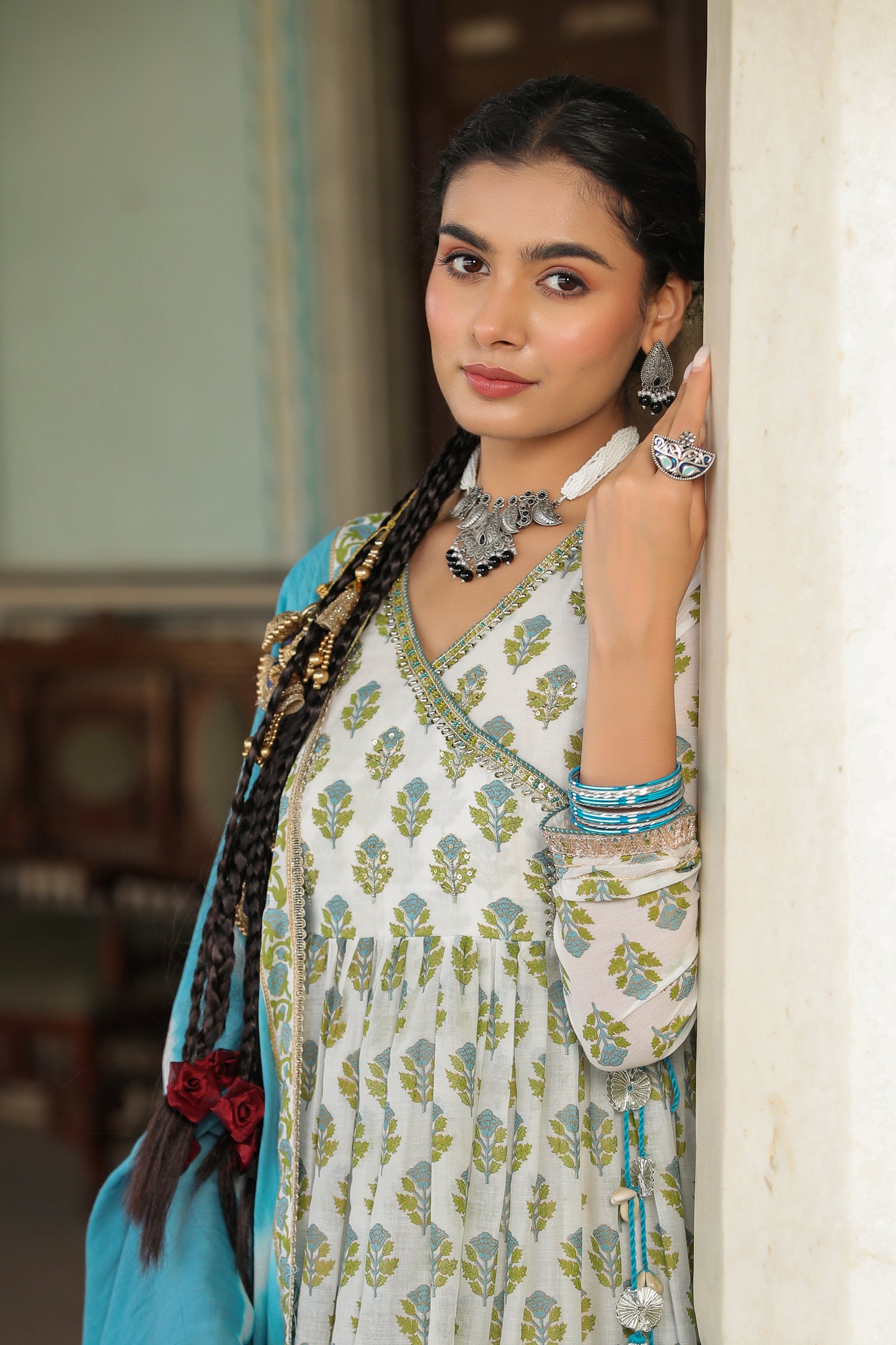 Turquoise Green Hand Block Printed Cotton Mulmul Gown with Dupatta