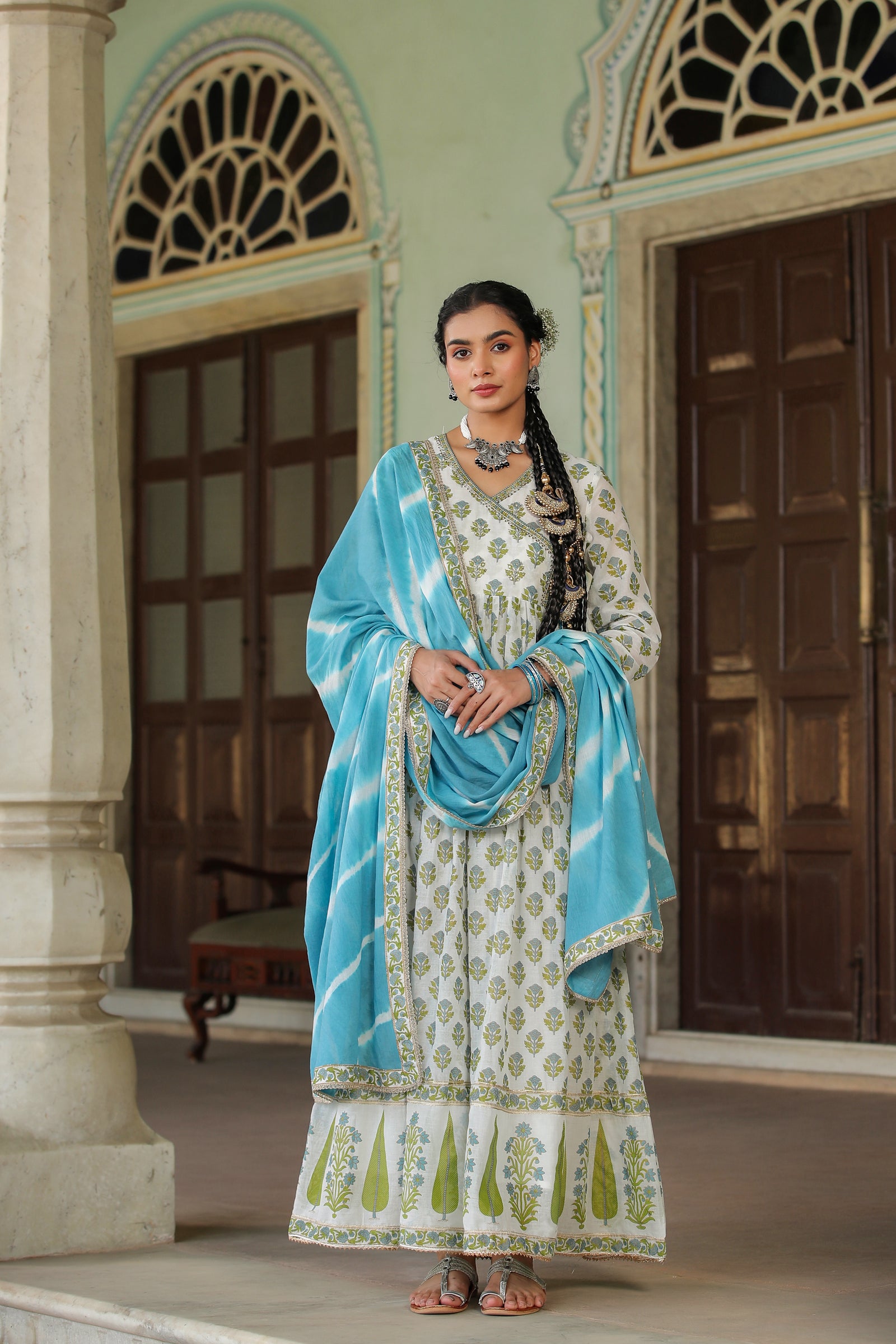 Turquoise Green Hand Block Printed Cotton Mulmul Gown with Dupatta