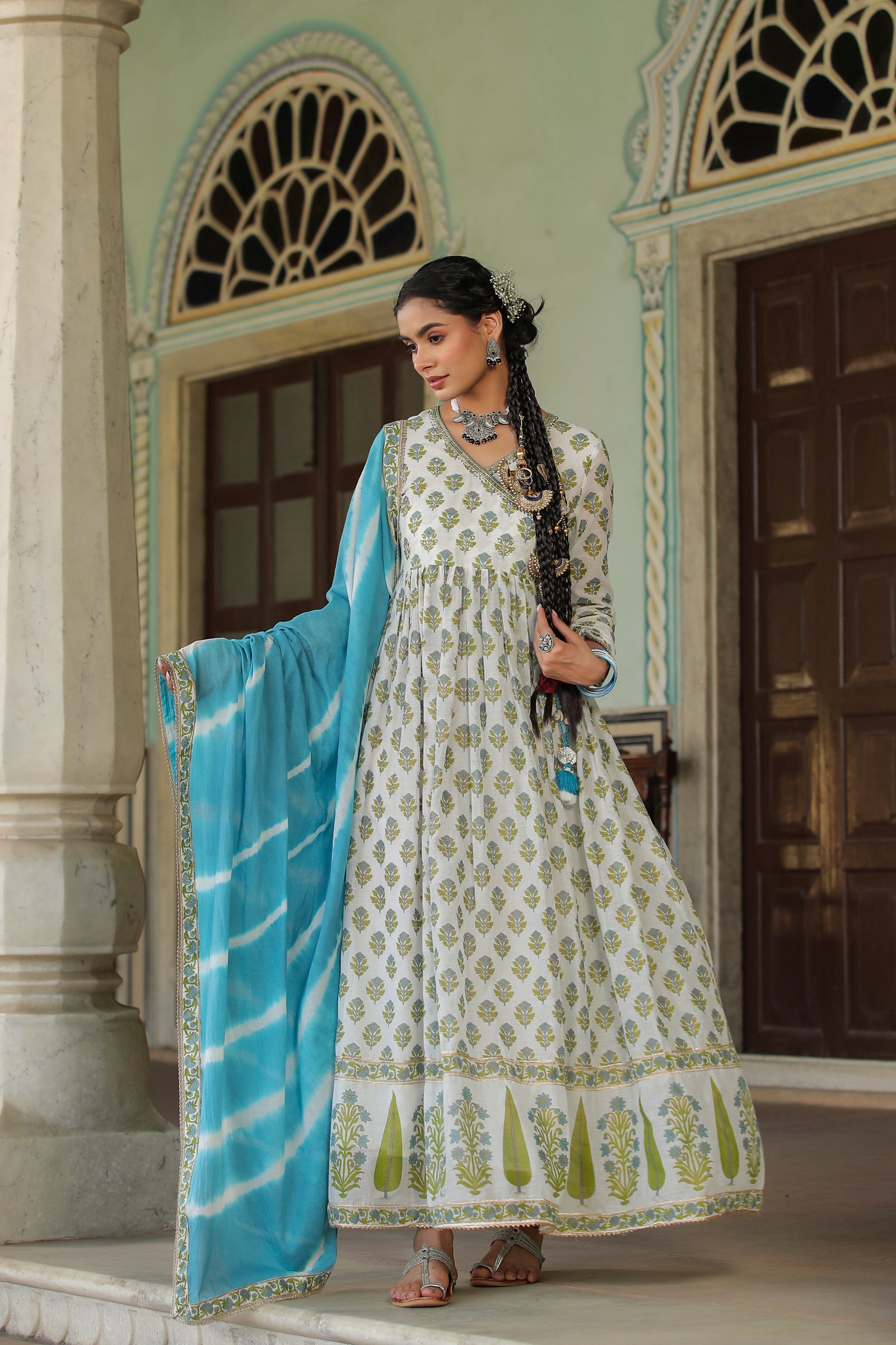 Turquoise Green Hand Block Printed Cotton Mulmul Gown with Dupatta