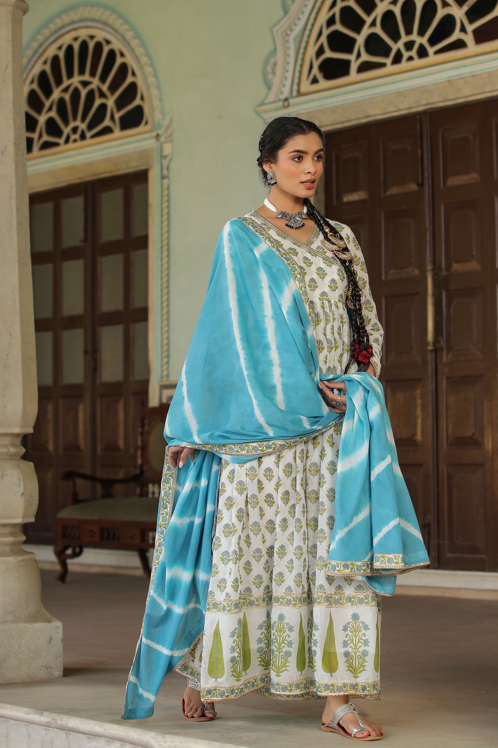 Turquoise Green Hand Block Printed Cotton Mulmul Gown with Dupatta