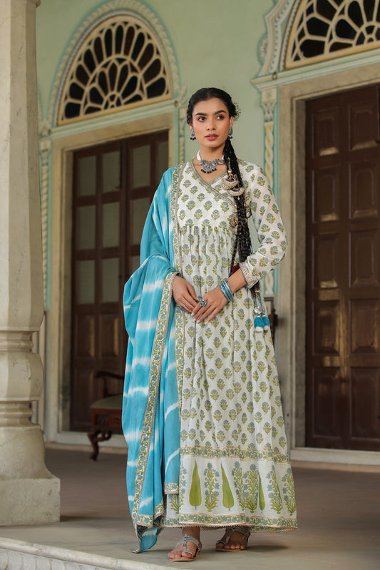 Turquoise Green Hand Block Printed Cotton Mulmul Gown with Dupatta